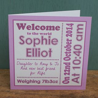personalised new baby girl card by sparks living