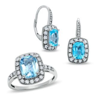 Cushion Cut Blue Topaz and Lab Created White Sapphire Frame Ring in