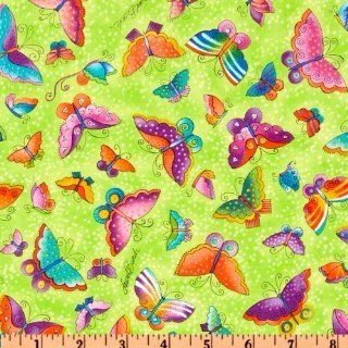 44'' Wide Laurel Burch Flying Colors II Large Butterfly Lime Fabric By The Yard