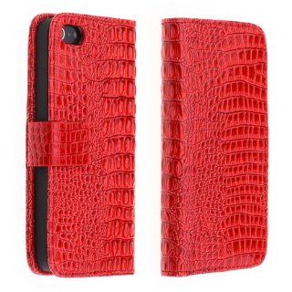 Crocodile Flip Faux Leather Wallet Case Cover for iPhone 5 5G Gen Red Cell Phones & Accessories