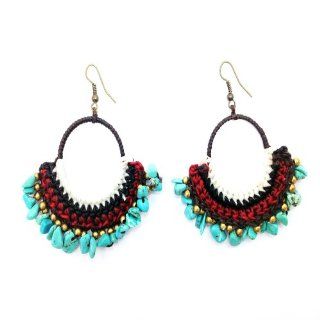Thai Collection Round Shaped Black red Thread Turquoise Drop Earrings Handcrafted Jewelry Jewelry