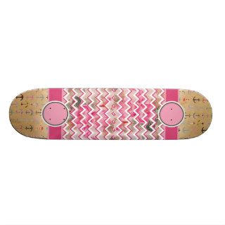 Monogrammed Nautical Anchors Pink Floral Chevron Skateboard Deck