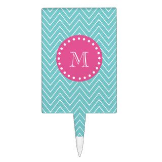 Hot Pink, Teal Blue Chevron  Your Monogram Cake Topper