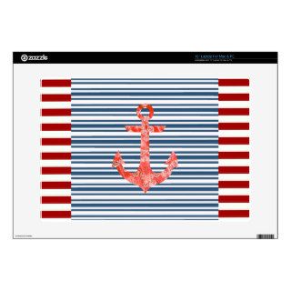 Vintage Blue Red Stripes  Red Nautical Anchor Skins For Laptops