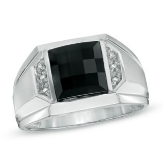 Mens 8.5mm Square Cut Onyx and Diamond Accent Ring in 14K White Gold