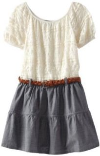 My Michelle Girls 7 16 Peasant Dress, Ivory/Chambray, 7 Clothing