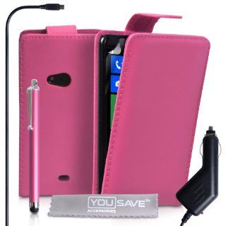 Nokia Lumia 625 Case Hot Pink PU Leather Flip Cover With Stylus Pen And Car Charger Cell Phones & Accessories