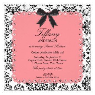 Pink Lace & BW Damask with Bow Sweet 16 Invitations