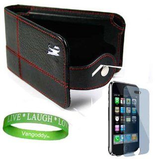Black Manhattan Premium Leather Flip Case, Red Stitching with Belt Clip for Apple iPhone 3G+Custom iPhone 3G Screen Protector +VG Live*Laugh*Love Wrist Band Cell Phones & Accessories