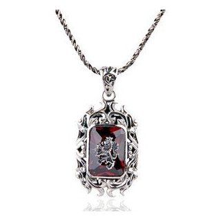 Thailand Buddhism Retro Red Stone Lion King Head 925 Sterling Silver Pendant Necklace Jewelry