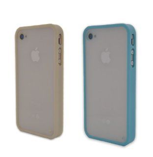 2x Cool Soft Trim High Clear Back Hard cover Slim Frame Bumper Case Skin For iPhone 4 4G 4S 4GS Baby Blue Beige Gifts Home button sticker Fashion Cell Phones & Accessories