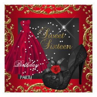Sweet Sixteen 16  Birthday Party Red Gold Dress Personalized Invite