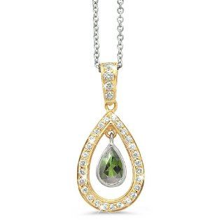 Twin Pear Shaped Diamond Pendant In 18K Yellow Gold With A 0.60 ct. Genuine Green Tourmaline Center Stone. CleverEve Jewelry