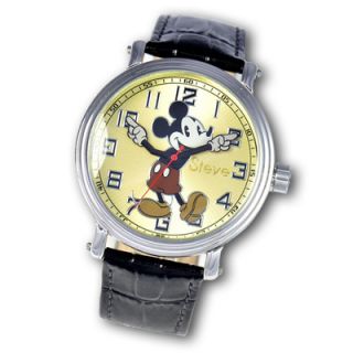 Mens Personalized Disney Mickey Mouse Black Leather Strap Watch (7