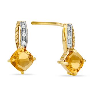 Cushion Cut Citrine and Diamond Accent Drop Earrings in 10K Gold