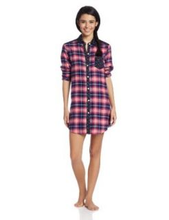 Disney Lux Women's Mickey Allover Print 3/4 Sleeve Nightshirt, Ivory Pink Plaid, Small