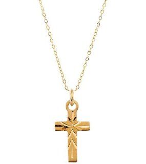 Childrens 14k Yellow Gold Engraved Design Cross Pendant Necklace, 15" Chain The Jewelry Store (for KIDS) Jewelry