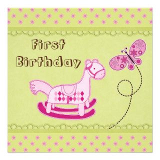 Cute Pink Rocking Horse & Butterfly 1st Birthday Custom Invitation