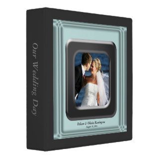Teal Blue Black Photo Frame Wedding 3 Ring Binders