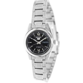 Seiko Women's 5 Automatic Silvertone Stainless Steel Bracelet Black Dial Watch Seiko Women's Seiko Watches