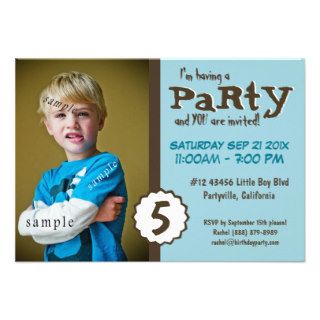 Young Boy Photo Brown Blue Birthday Party Announcement