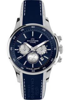 JACQUES LEMANS U 32J  Watches,Mens UEFA Champions League Chronograph U 32J Blue/White Leather Strap, Chronograph JACQUES LEMANS Quartz Watches