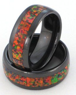 8mm Precious Opal Black Ceramic Ring with Red Inlays That Flashes with Orange, Red, and Slight Green Fire Jewelry