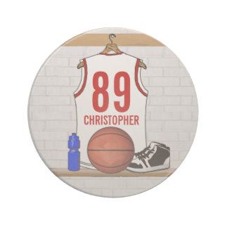 Personalized Basketball Jersey (white red) Beverage Coasters