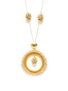 Gold Open Disc & Pearl Cluster Pendant Necklace by Grand Bazaar   New York