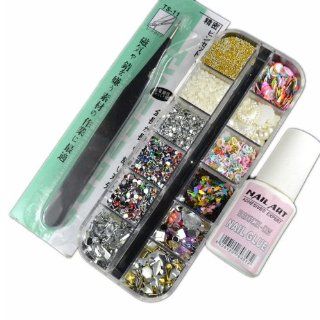 3000pcs Mix Color Nail Art Glitter Rhinestones Pearl Fimo Slice Gold Silver Beads Studs Tips + Nail Art Glue + Tweezer  Nail Art Equipment  Beauty