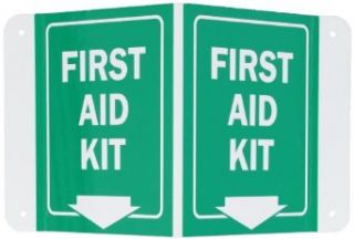 SmartSign Projecting Aluminum V Sign, Legend "Projecting   First Aid Kit" with Down Arrow, 6" high with 5" wide panels, White on Green Industrial Warning Signs
