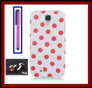 Samsung Galaxy S4 i9500 Glossy Pink Polka Dots White Design Snap on Case Cover Front/Back + Hot Pink Stylus Touch Screen Pen + One FREE Pink 3.5mm Bling Headset Dust Plug Cell Phones & Accessories