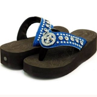 Montana West Blue Fleur de Lis Crystal Concho Wedge Flip Flops (9) Sandals Shoes