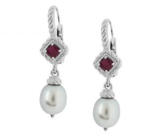Judith Ripka Sterling Cushion Cut Ruby & Cultured Pearl Earrings —