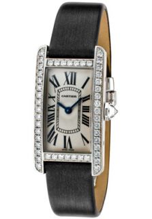 Cartier WB707331  Watches,Tank Americaine Womens 18K White Gold Silver Dial Diamond Bezel on Satin Strap, Luxury Cartier Quartz Watches