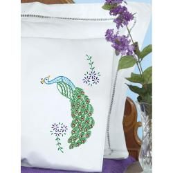 Stamped Pillowcases With White Perle Edge 2/pkg   Peacock