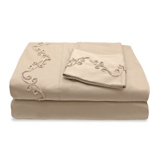 Veratex Grand Luxe 300 Thread Count Egyptian Cotton Deep Pocket Sheet Set With Chenille Embroidered Scroll Design Tan Size Twin
