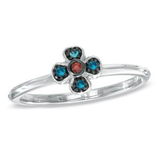 Enhanced Red and Blue Diamond Accent Stackable Flower Ring in Sterling