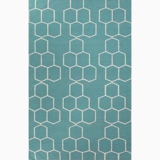 Handmade Geometric pattern Blue/ Ivory Wool Easy care Rug (9 X 12)