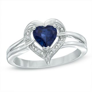 0mm Heart Shaped Lab Created Blue Sapphire and Diamond Accent Ring