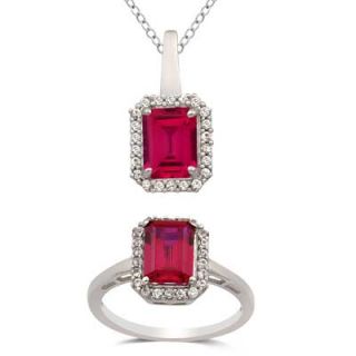 Emerald Cut Lab Created Ruby and White Sapphire Pendant and Ring Set
