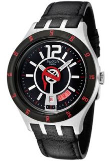 Swatch YTS402  Watches,Mens Black Dial Black Leatherette, Casual Swatch Quartz Watches