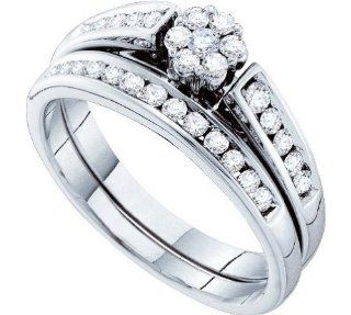 14k White Gold Natural Round Diamond Womens Ladies Flower Cluster Bridal Wedding Engagement Ring & Anniversary Band Set   .50 (1/2) Ct.t.w. Jewelry