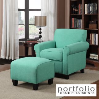 Portfolio Mira Soft Emerald Green Linen Arm Chair And Ottoman