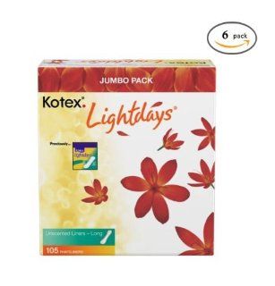 Kotex Lightdays Pantiliners, Long, Unscented, Jumbo Pack , 105 pantiliners (Pack of 6) Health & Personal Care