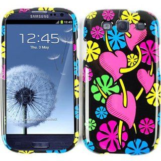 Cell Armor I747 SNAP TP1396 Snap On Case for Samsung Galaxy SIII   Retail Packaging   Four Pink Hearts and Colorful Flowers on Black Cell Phones & Accessories