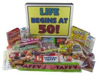 50th Birthday Party Celebration Gift Box of Retro Candy   Life Begins At 50  Gourmet Candy Gifts  Grocery & Gourmet Food