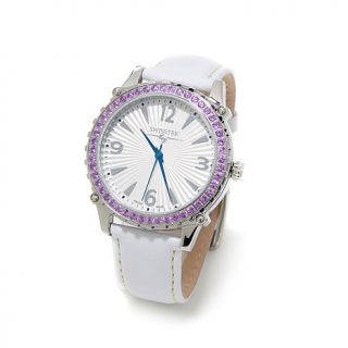 Swisstek Gemstone Bezel "Purus" White Leather Strap Watch