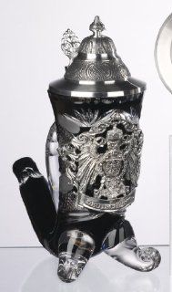 Black Lord of Crystal German Horn Beer Stein with Pewter Crest and Lid 0.5 Liter   Decorative Jars