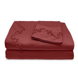 Veratex Grand Luxe 500 Thread Count Egyptian Cotton Deep Pocket Sheet Set With Chenille Embroidered Scroll Design Red Size Twin